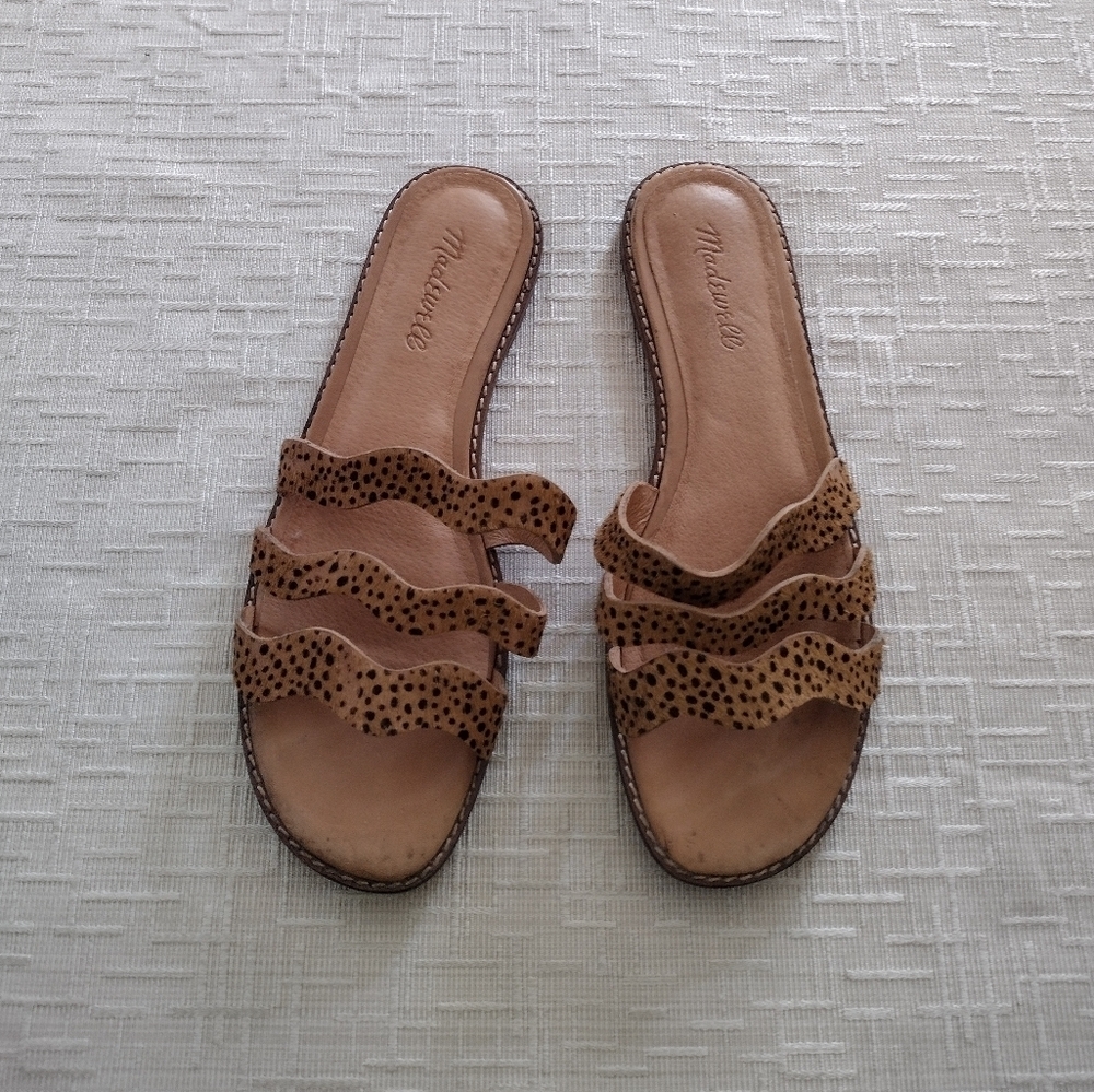 MADEWELL The Wave Open Toe Slides Sandals Spotted Calf Hair Sz 8 Tigers Eye